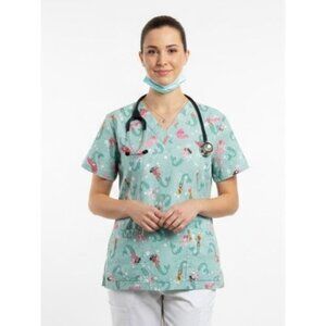 Nurse Hospital Scrubs Top Mermaid And Bubbles  Pattern Teal and Pink